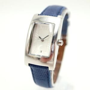 DKNY Silver Tone Dome Tank 23mm Women Watch Rectangle Blue Leather w New Battery